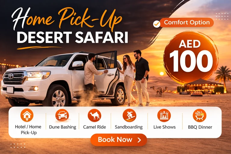 Desert safari camel ride at sunset