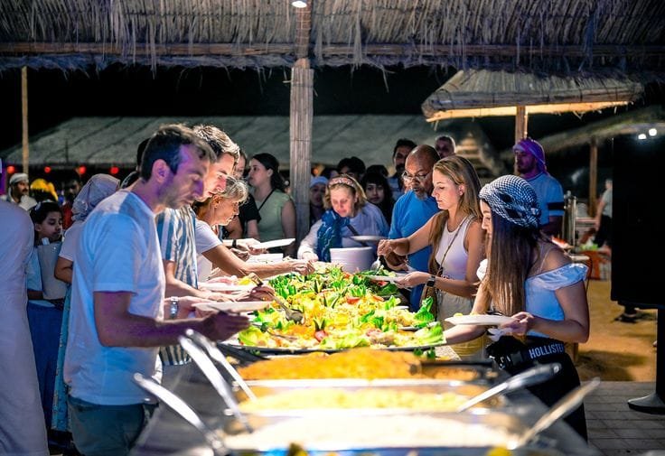 The BBQ buffet is inside every evening ticket; dinner at extra cost is how AED 1