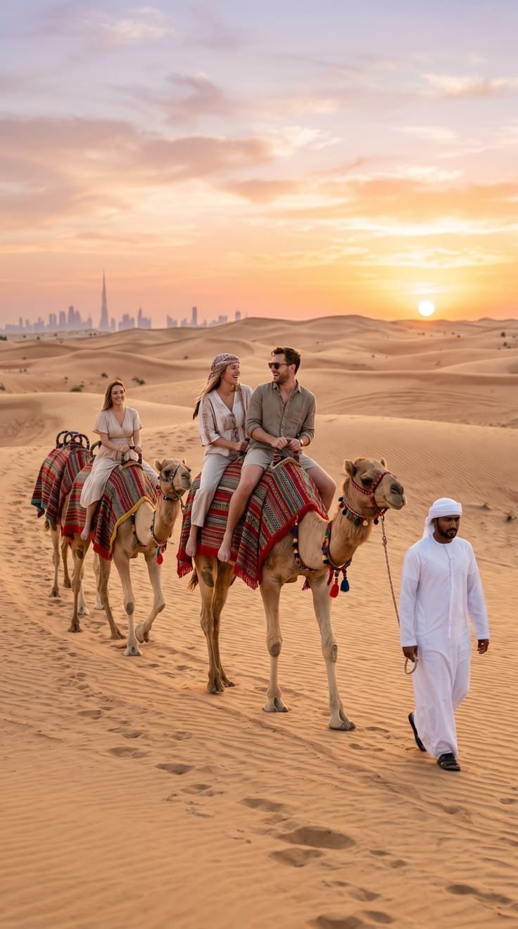 Guests riding camels on the dunes — camel ride Abu Dhabi