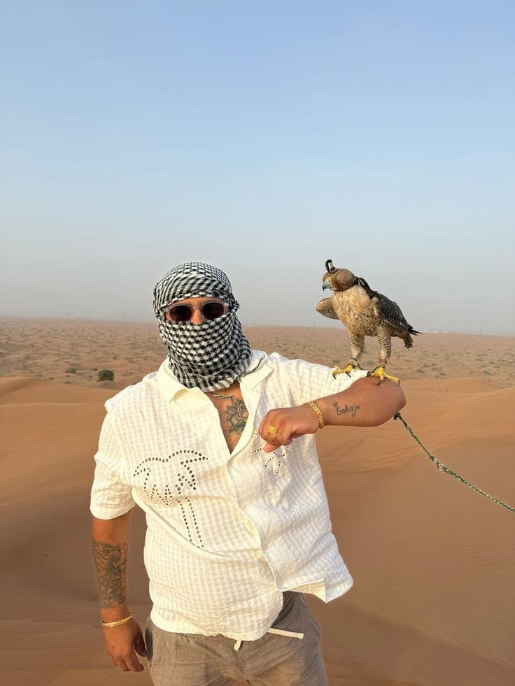 Falcon corner photo stop at the Abu Dhabi desert safari camp