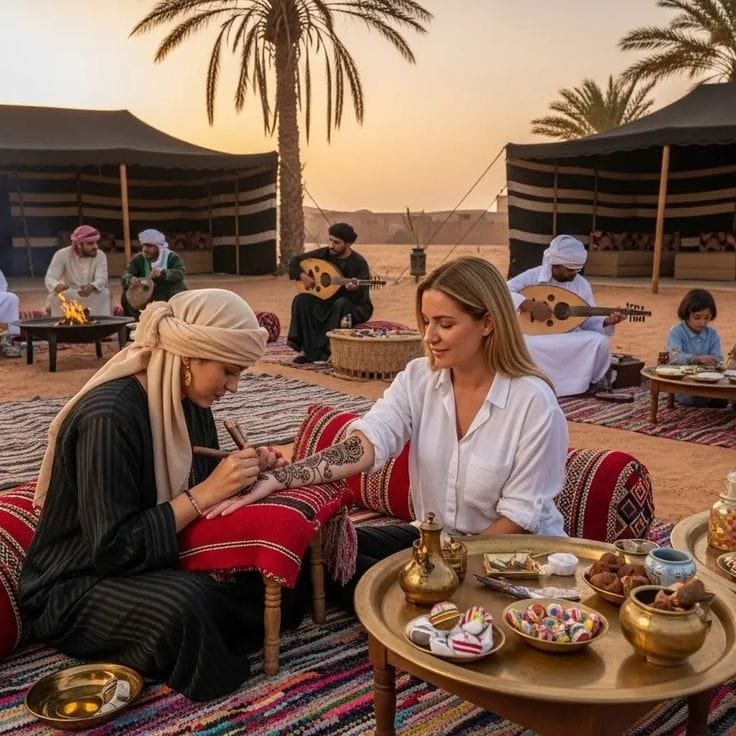 Henna painting for a guest at the Abu Dhabi evening desert safari camp
