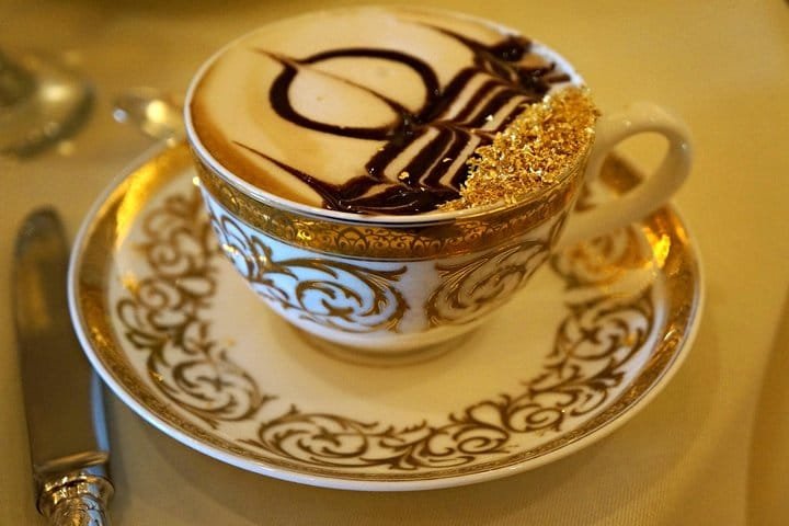 Emirates Palace Gold Cappuccino The gold-flake cappuccino served at Emirates Palace Abu Dhabi