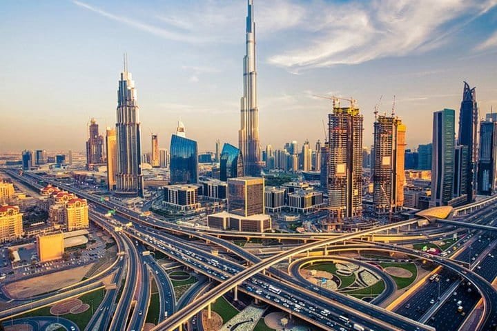 Downtown Dubai from the air with the Burj Khalifa rising above Sheikh Zayed Road