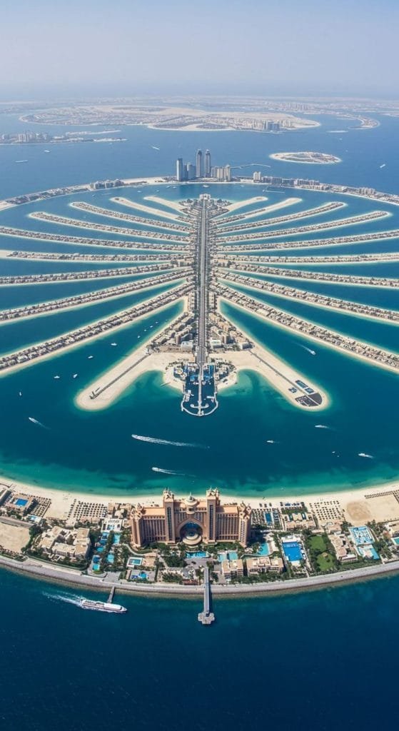 Aerial view of the palm-shaped Palm Jumeirah island in Dubai