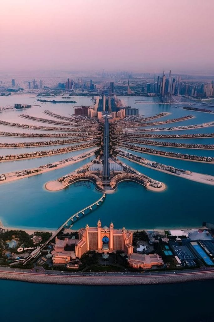 Aerial view of Palm Jumeirah fronds and Atlantis resort in Dubai