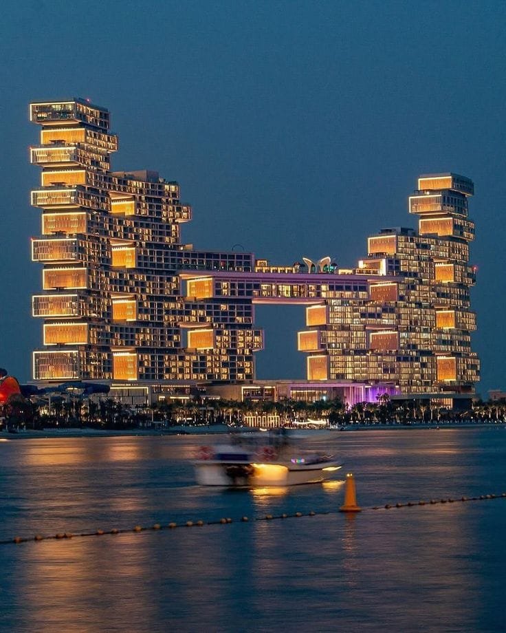 Atlantis The Royal resort illuminated at night in Dubai