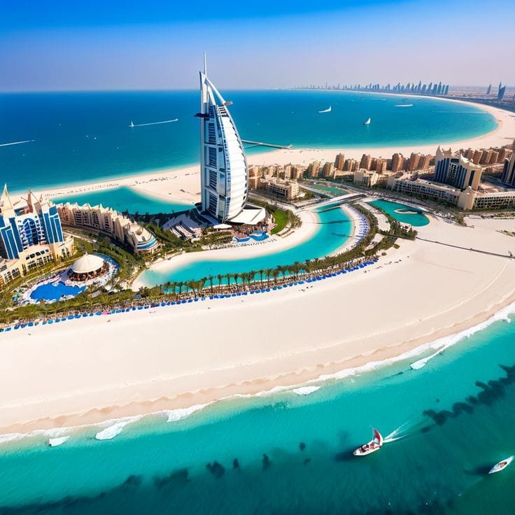 Aerial view of Burj Al Arab and its beach in Dubai