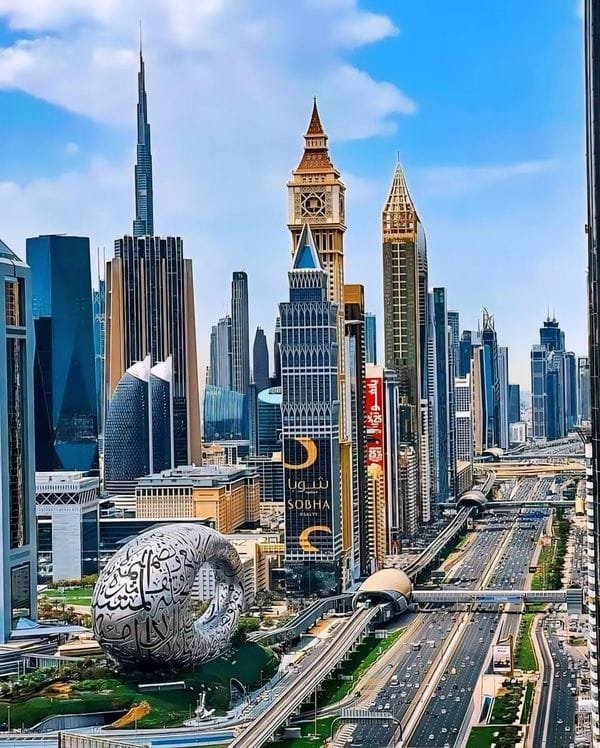 Aerial view of Downtown Dubai's dense skyscraper skyline
