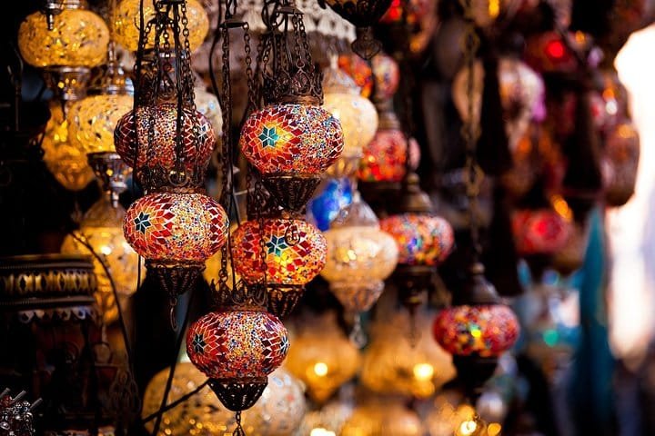 Coloured glass lanterns for sale in a traditional Dubai souk
