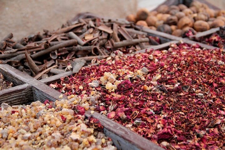 Dried rose petals and frankincense on sale at the Dubai Spice Souk in Deira