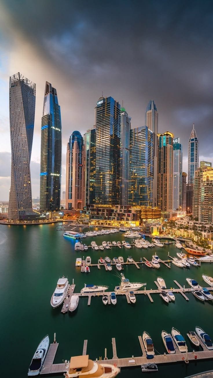 Aerial view of Dubai Marina towers and waterway