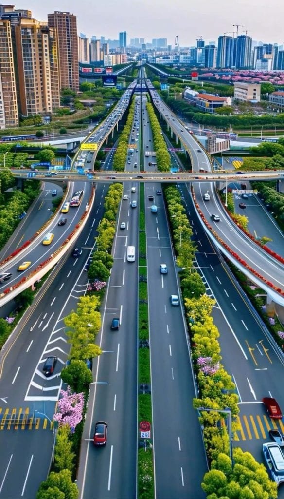 Multi-lane Sheikh Zayed Road highway cutting through Dubai