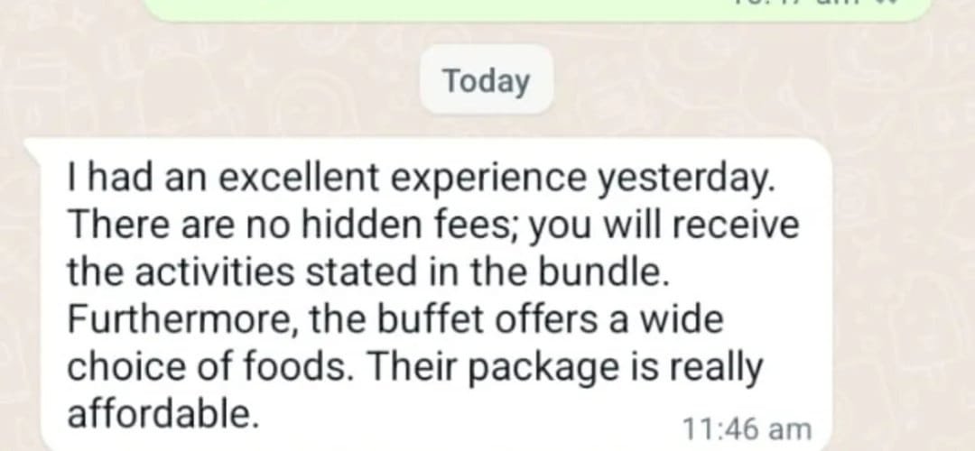 Real WhatsApp message from an Abu Dhabi desert safari guest: no hidden fees
