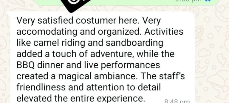 Real WhatsApp feedback from an desert safari guest with Royal Arabian Safari