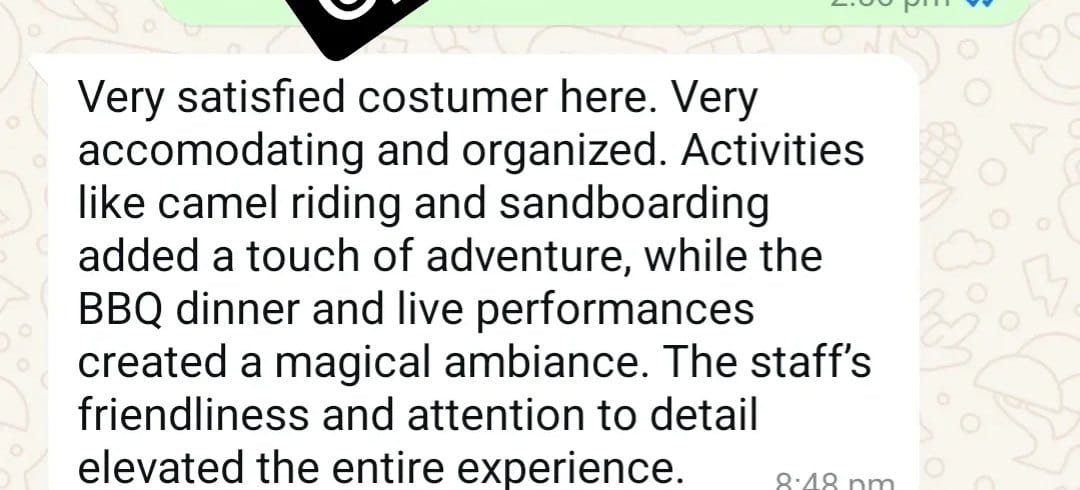 Real WhatsApp message from an Abu Dhabi desert safari guest: camel ride and sandboarding