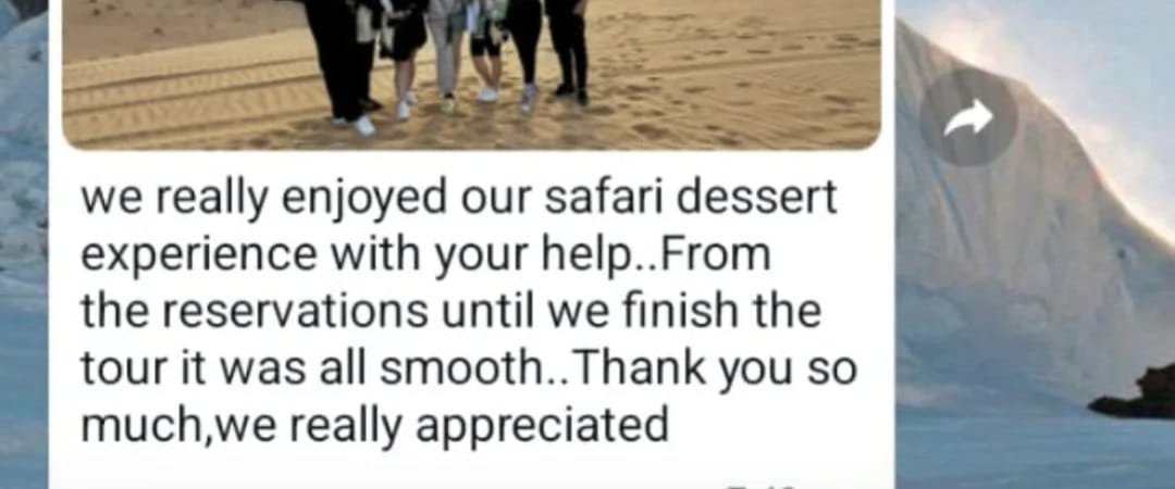 Real WhatsApp message from an Abu Dhabi desert safari guest: booking to drop-off