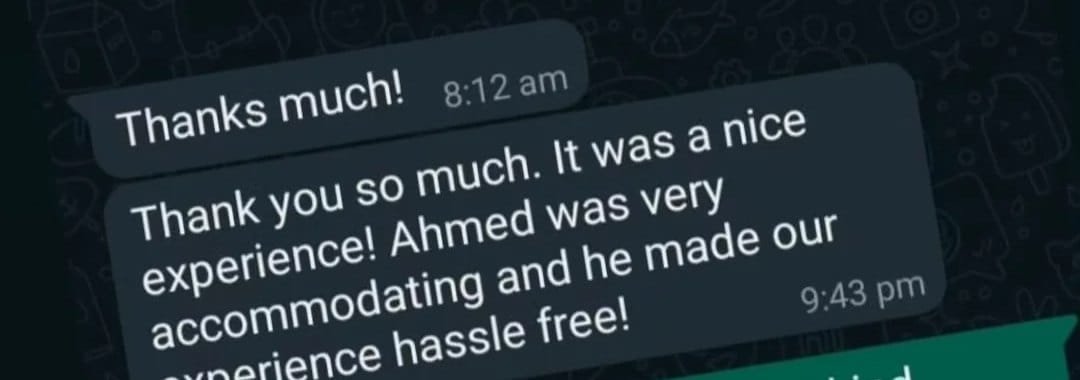 Real WhatsApp message from an Abu Dhabi desert safari guest: named our guide