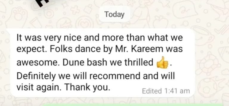 Real WhatsApp feedback from an desert safari guest with Royal Arabian Safari