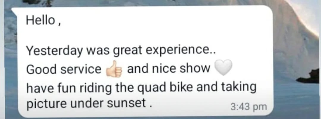 Real WhatsApp feedback from an Abu Dhabi desert safari guest with Royal Arabian Safari