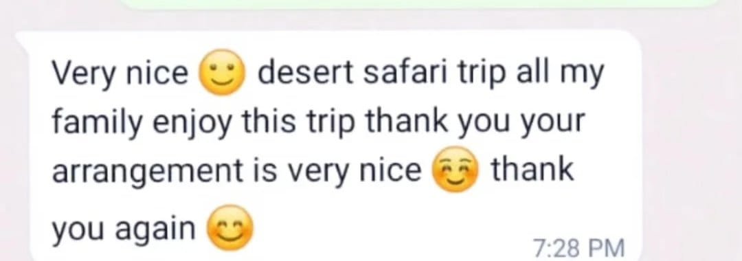 Real WhatsApp feedback from an Abu Dhabi desert safari guest with Royal Arabian Safari