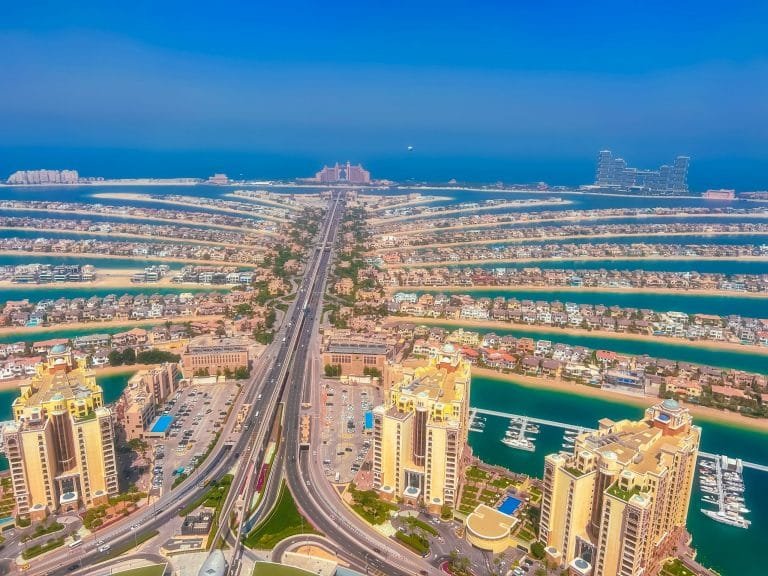 Aerial view of Sheikh Zayed Road and surrounding Dubai buildings