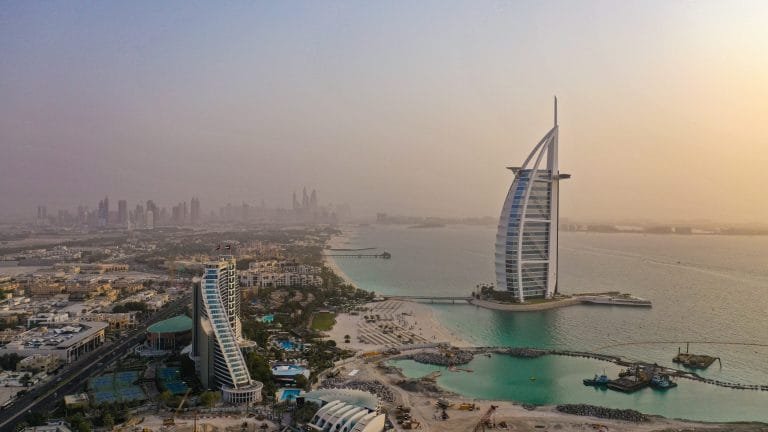 Panorama of Jumeirah Beach with Burj Al Arab in Dubai