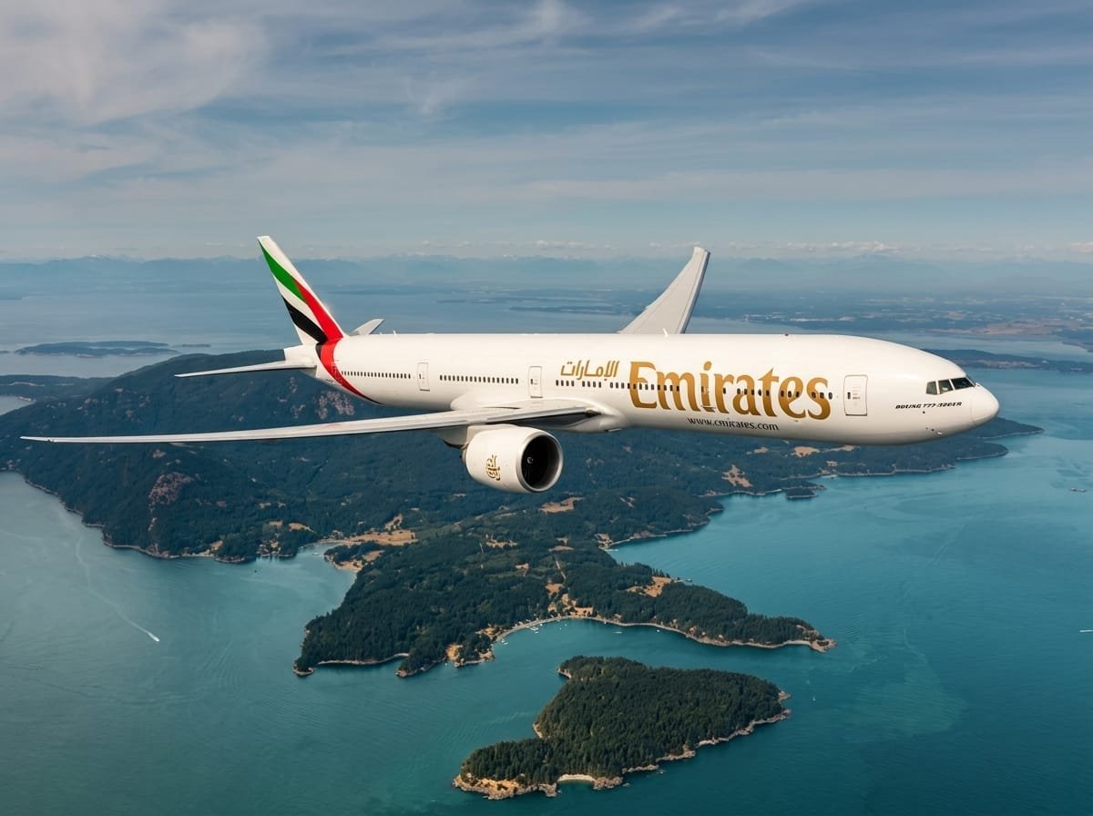Emirates Boeing 777 in flight over the coastline