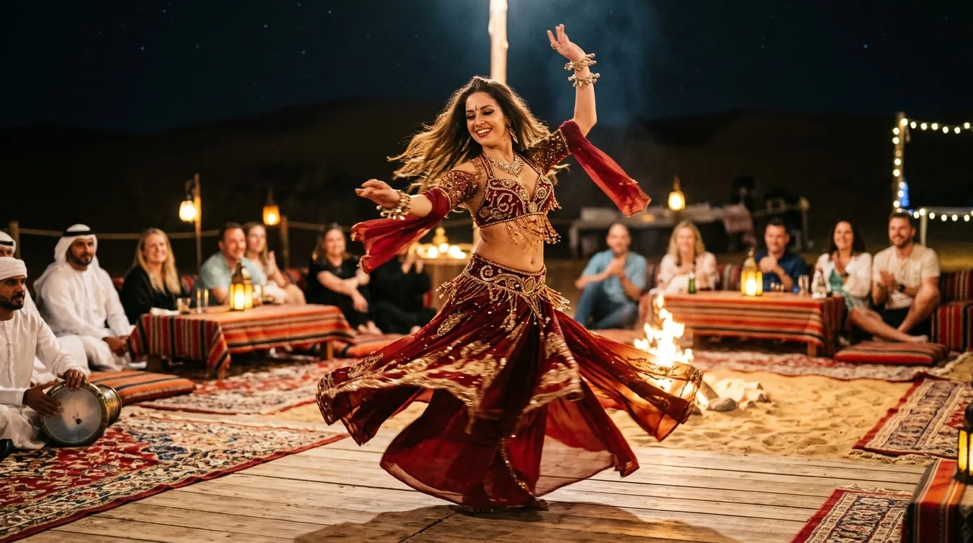Belly dance performance after the desert dinner at our Abu Dhabi camp