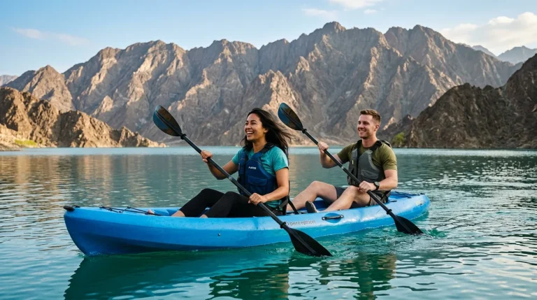 Couple paddling a blue kayak on Hatta Dam