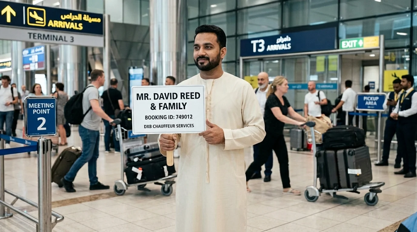Driver holding a name board at Dubai International arrivals