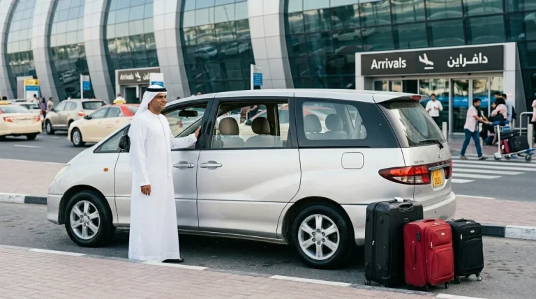 Chauffeur standing beside a white 7-seater vehicle at Dubai airport arrivals