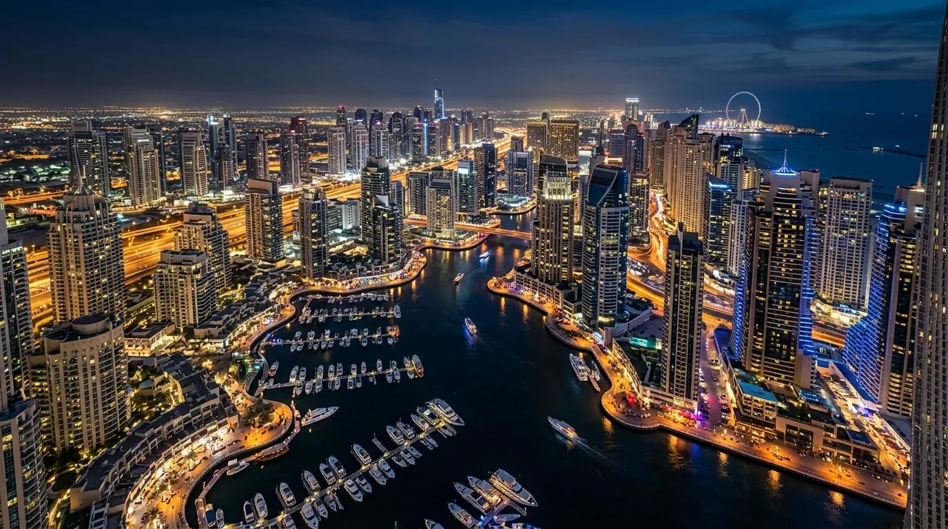 Dubai Marina from the air at night on a ten-hour private car booking