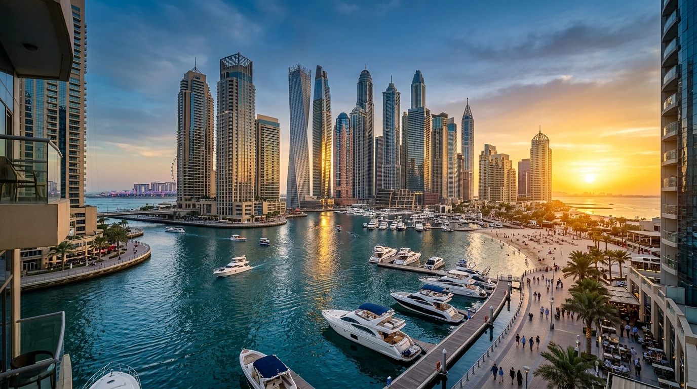 Sunset over Dubai Marina with yachts and the promenade