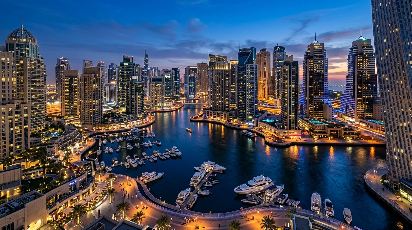 Dubai Marina towers and yachts lit at blue hour on a late-night stopover tour