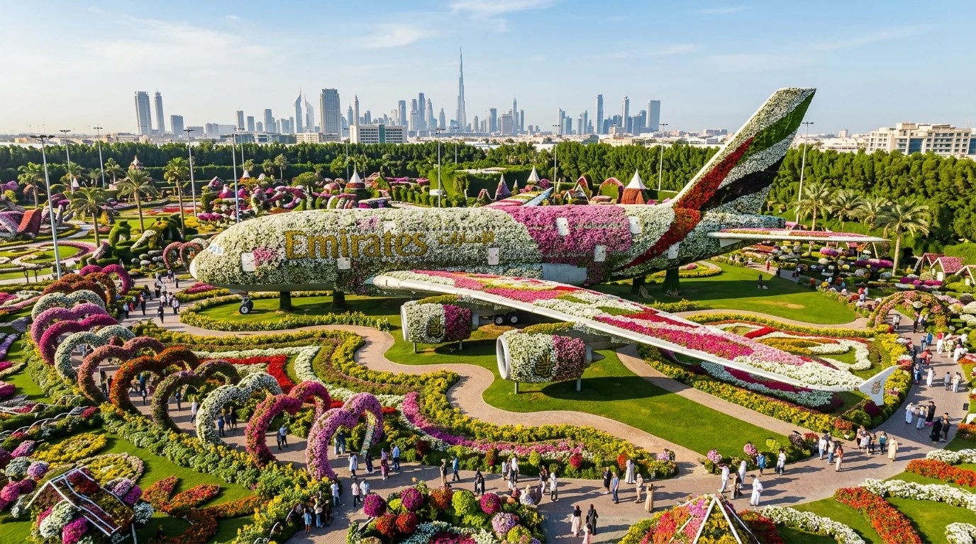 Emirates A380 covered in flowers at Dubai Miracle Garden
