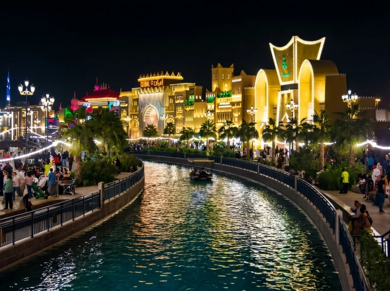 Canal running through Global Village Dubai at night with visitors on both banks