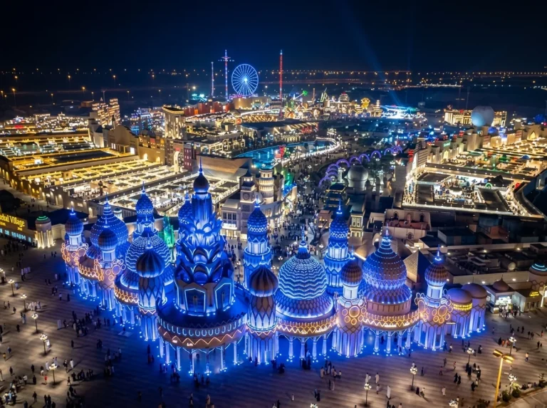 Aerial night view of Global Village Dubai with illuminated blue-domed pavilions