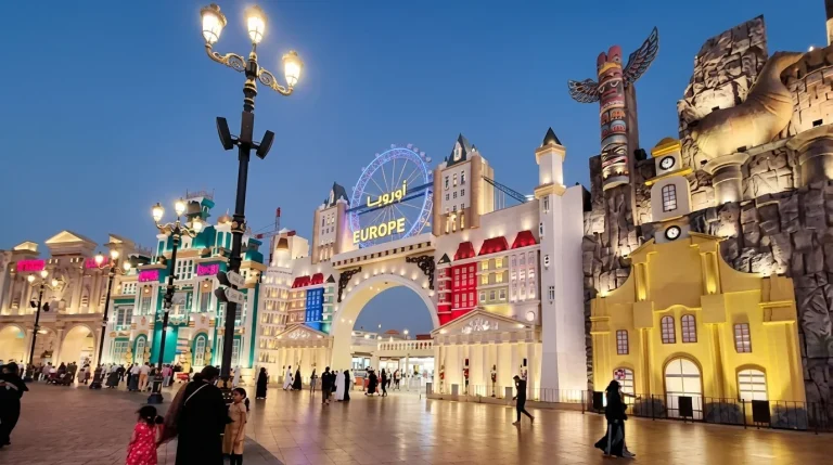 Europe pavilion facades lit up in the evening at Global Village Dubai