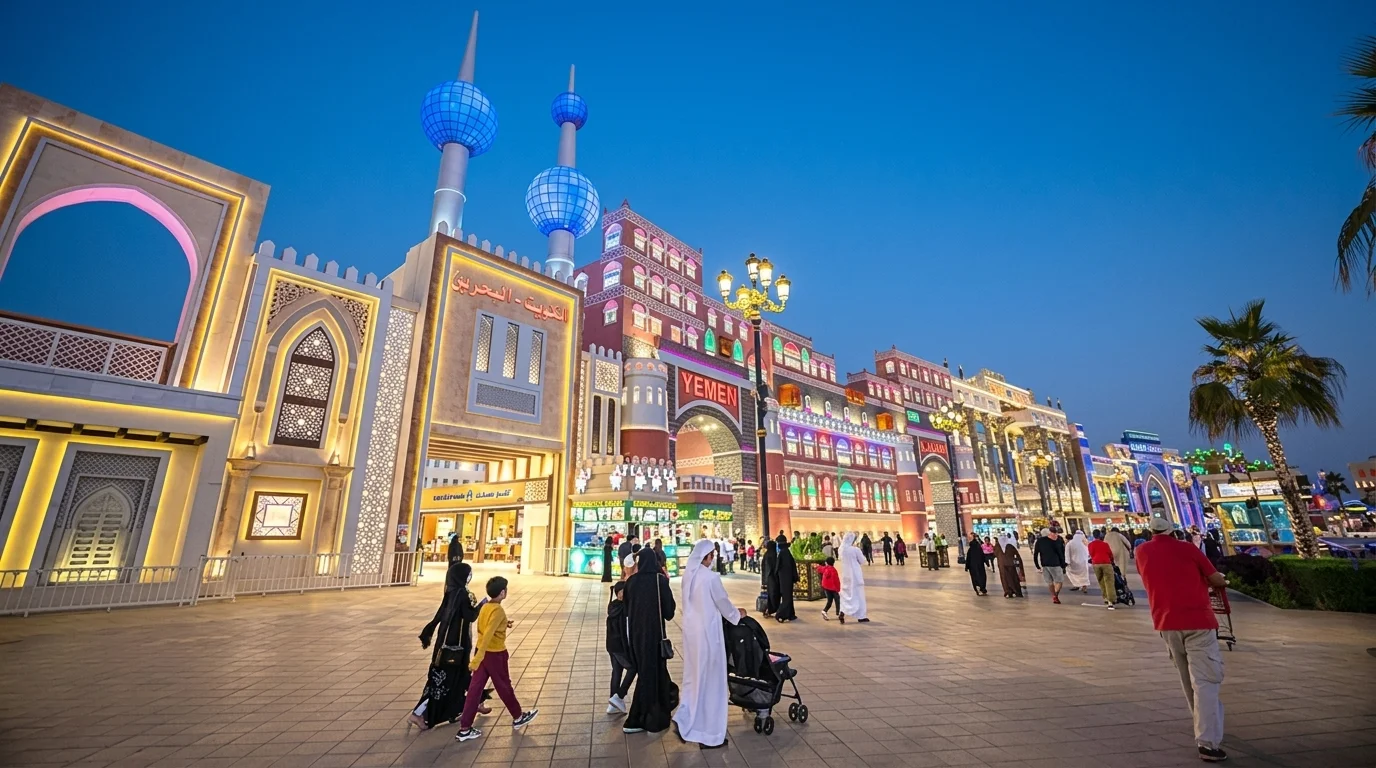 Decorated pavilion street with palm trees at Global Village Dubai in daytime