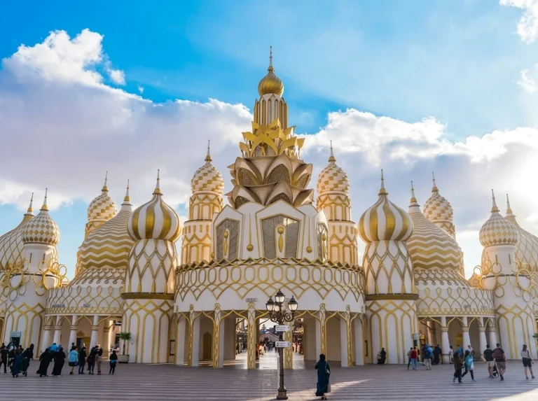 Golden domed pavilions of Global Village Dubai under a blue sky
