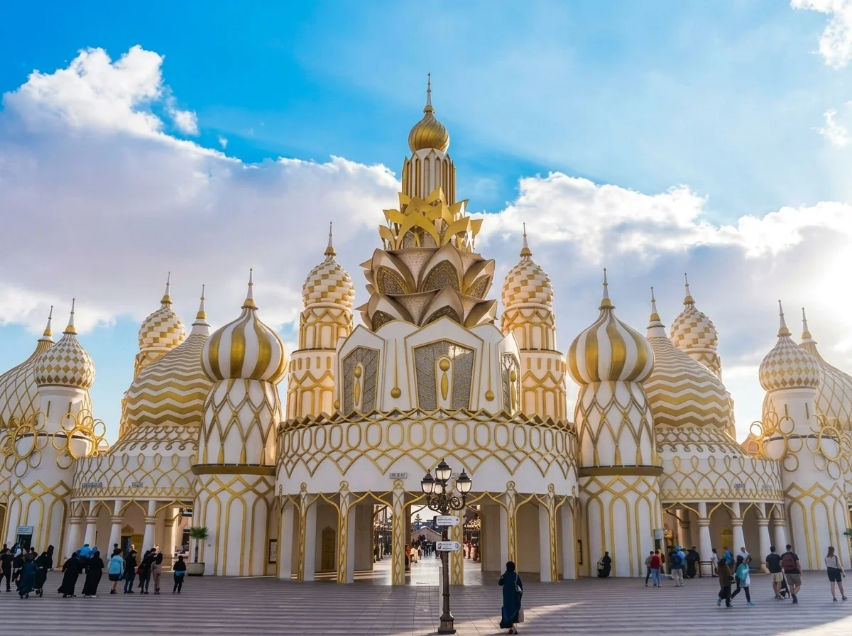 Golden domed pavilions of Global Village Dubai under a blue sky