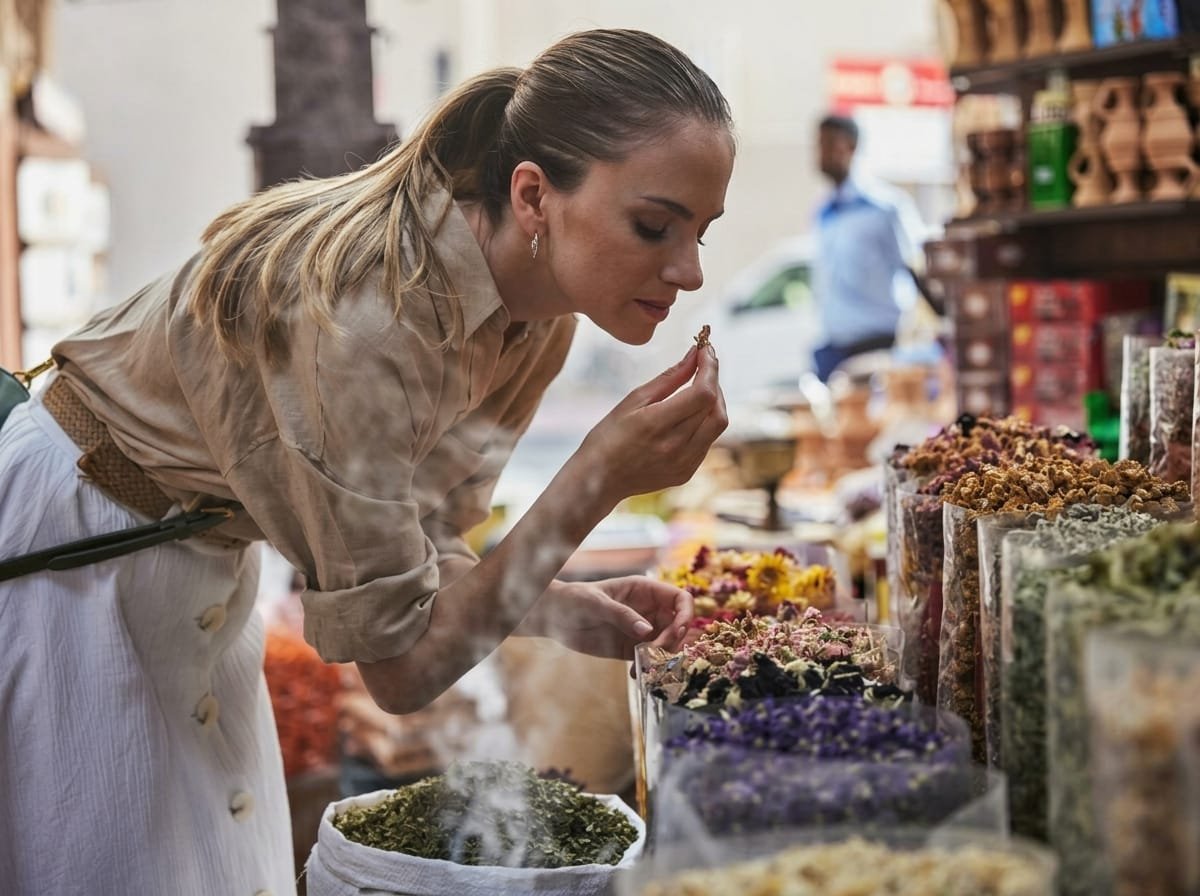 Traveller smelling saffron and spices at the spice souk