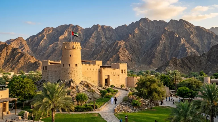 Hatta Heritage fort tower with UAE flag in the Hajar Mountai