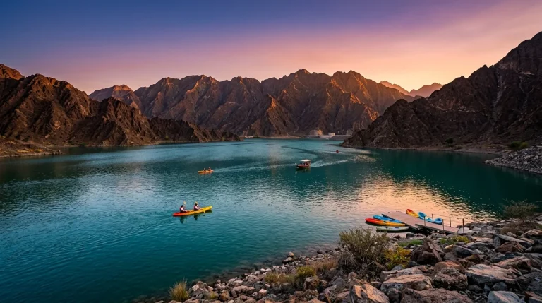 Sunset over Hatta Dam with kayaks on the shore