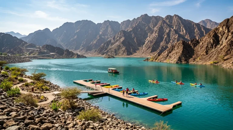 Boat and kayaks at the Hatta Dam jetty with mountain backdro