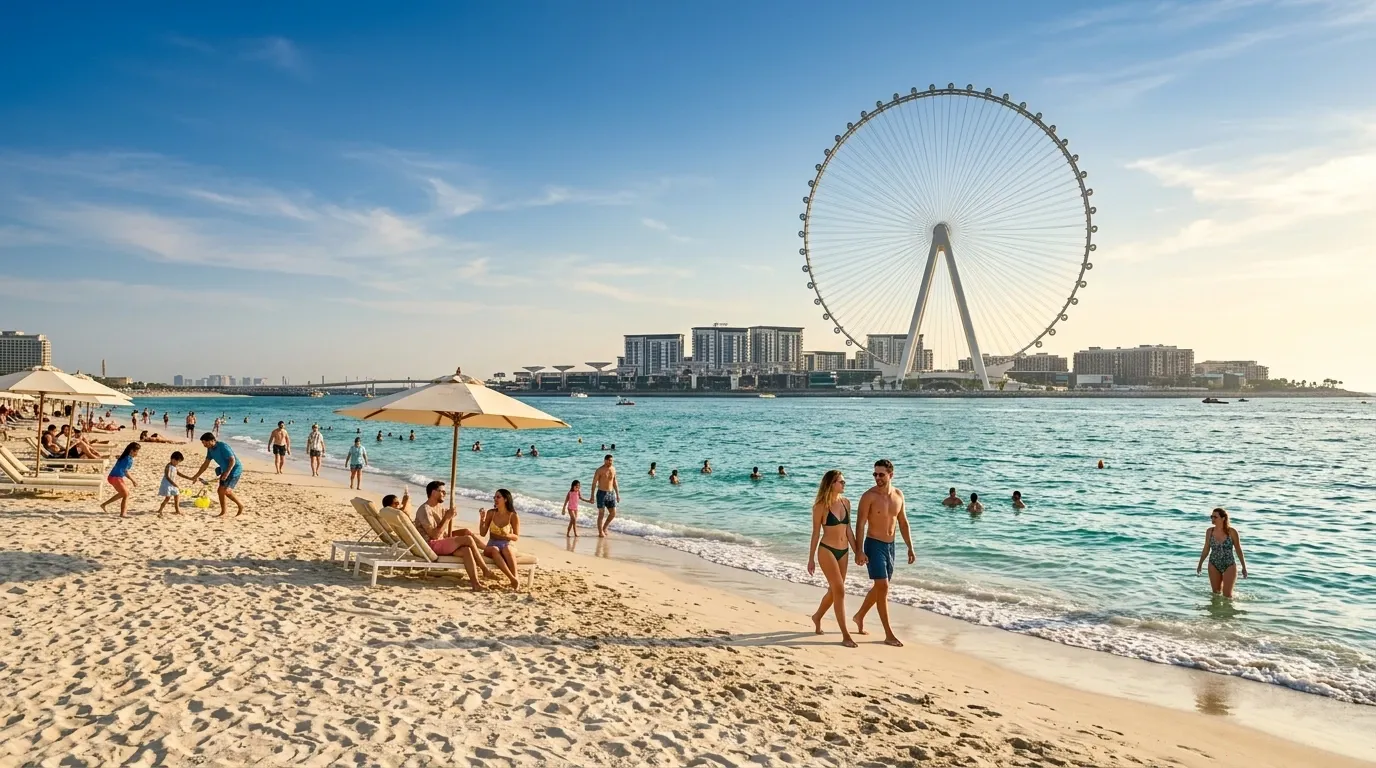Families swimming at JBR Beach with Ain Dubai wheel behind