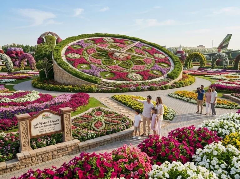 Families walking among floral displays at Dubai Miracle Garden