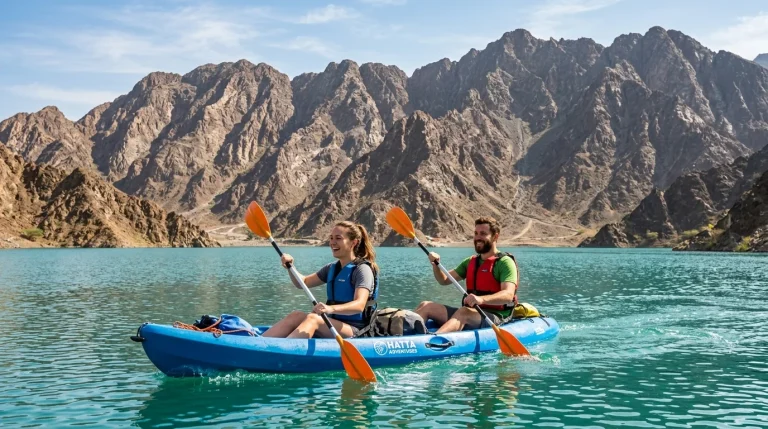 Couple kayaking on Hatta Dam with paddles raised