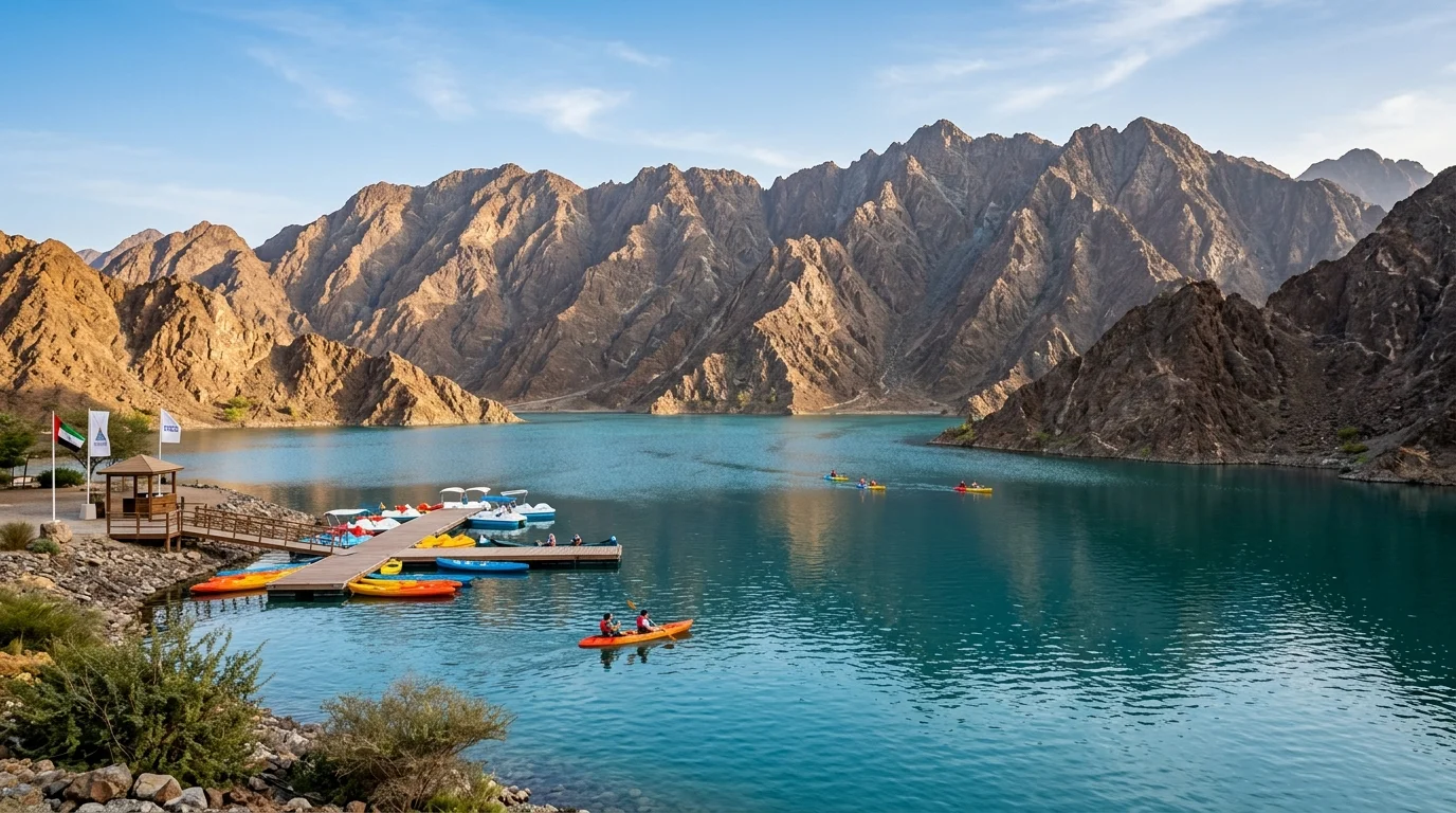 Hatta Dam turquoise lake with kayak dock surrounded by Hajar