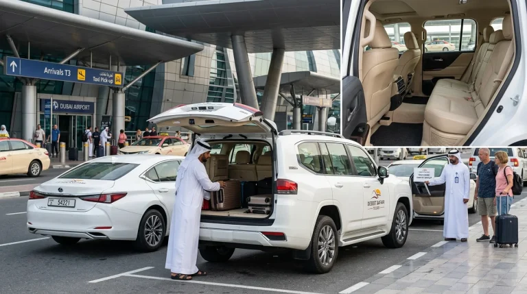 Driver loading luggage into a Land Cruiser boot at Dubai airport pickup